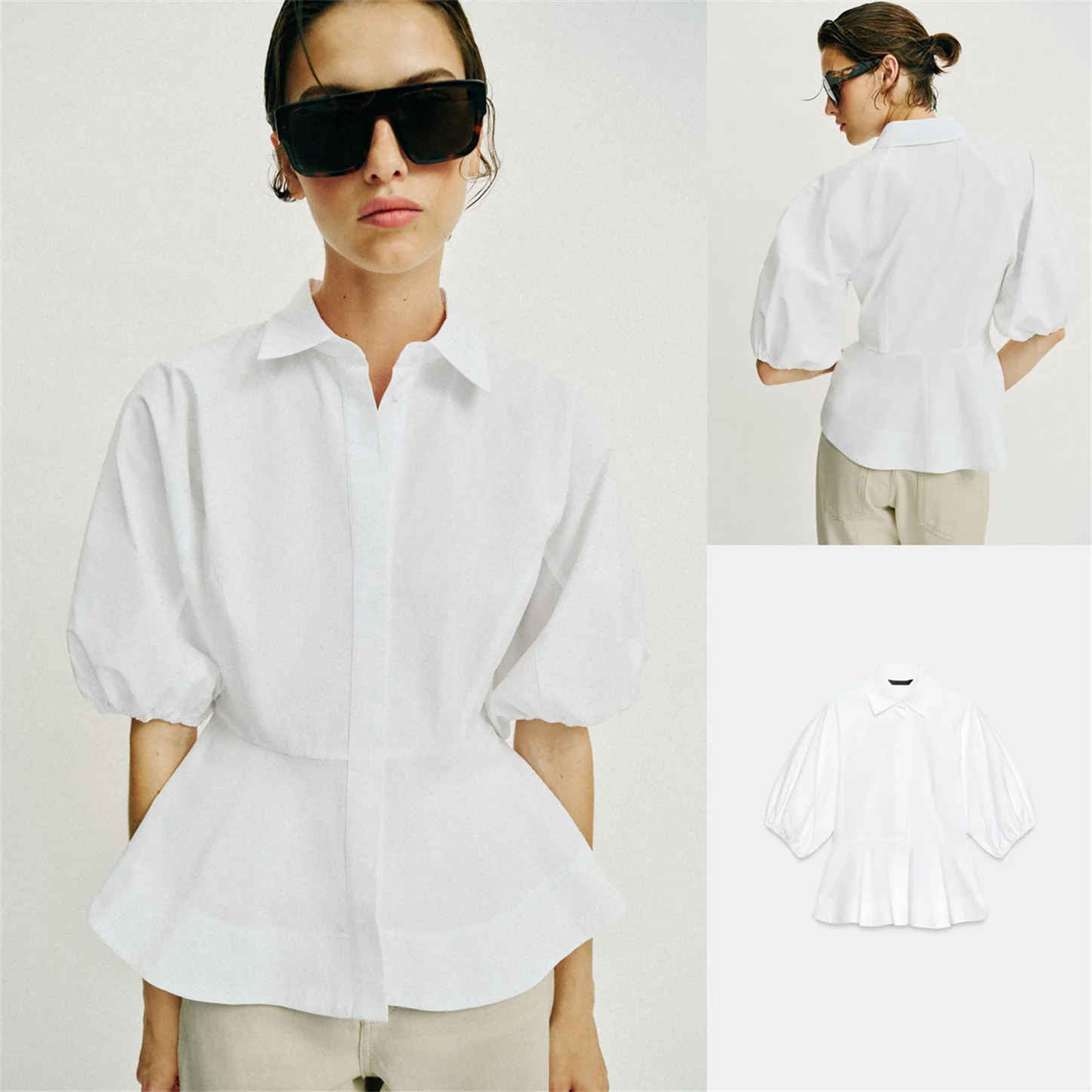 

Summer New Women's Casual Style Bubble Sleeve Elastic Cuff A-Line Hem Waist-Cinching Shirt Flip Collar Stretch Cotton Blouse