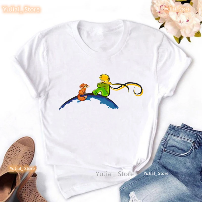 Watercolor The Little Prince Print Tshirt Girls White Casual T Shirt Women Summer Tops Tee Shirt Femme Harajuku Kawaii Clothes