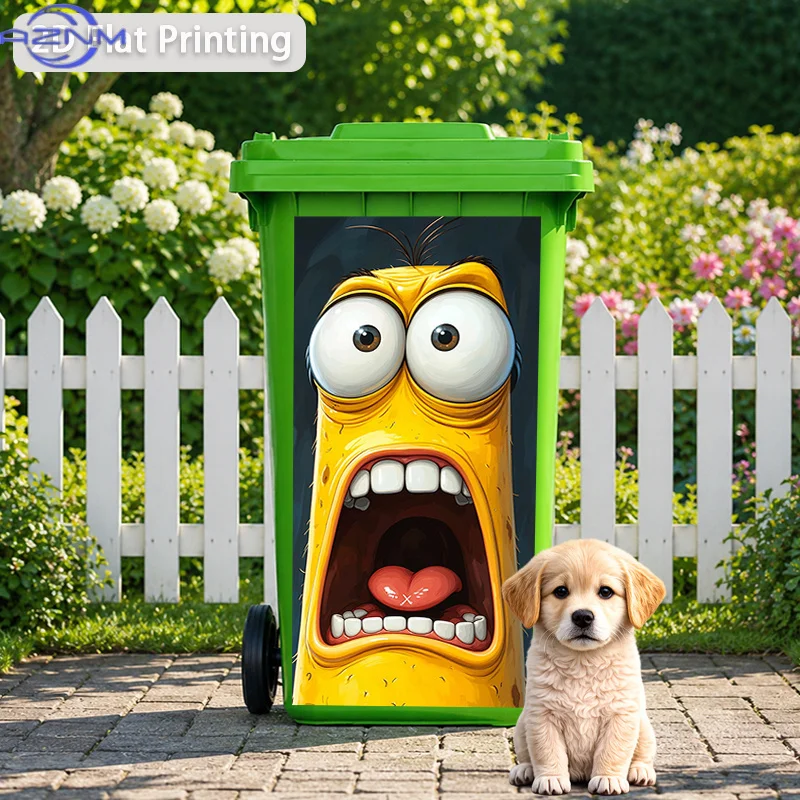2D Flat Printing 1pc Trash Can Sticker ×inch, Scared Yellow Face with Wide Open Mouth Theme Design, Wall Decal Self-Adhesive W