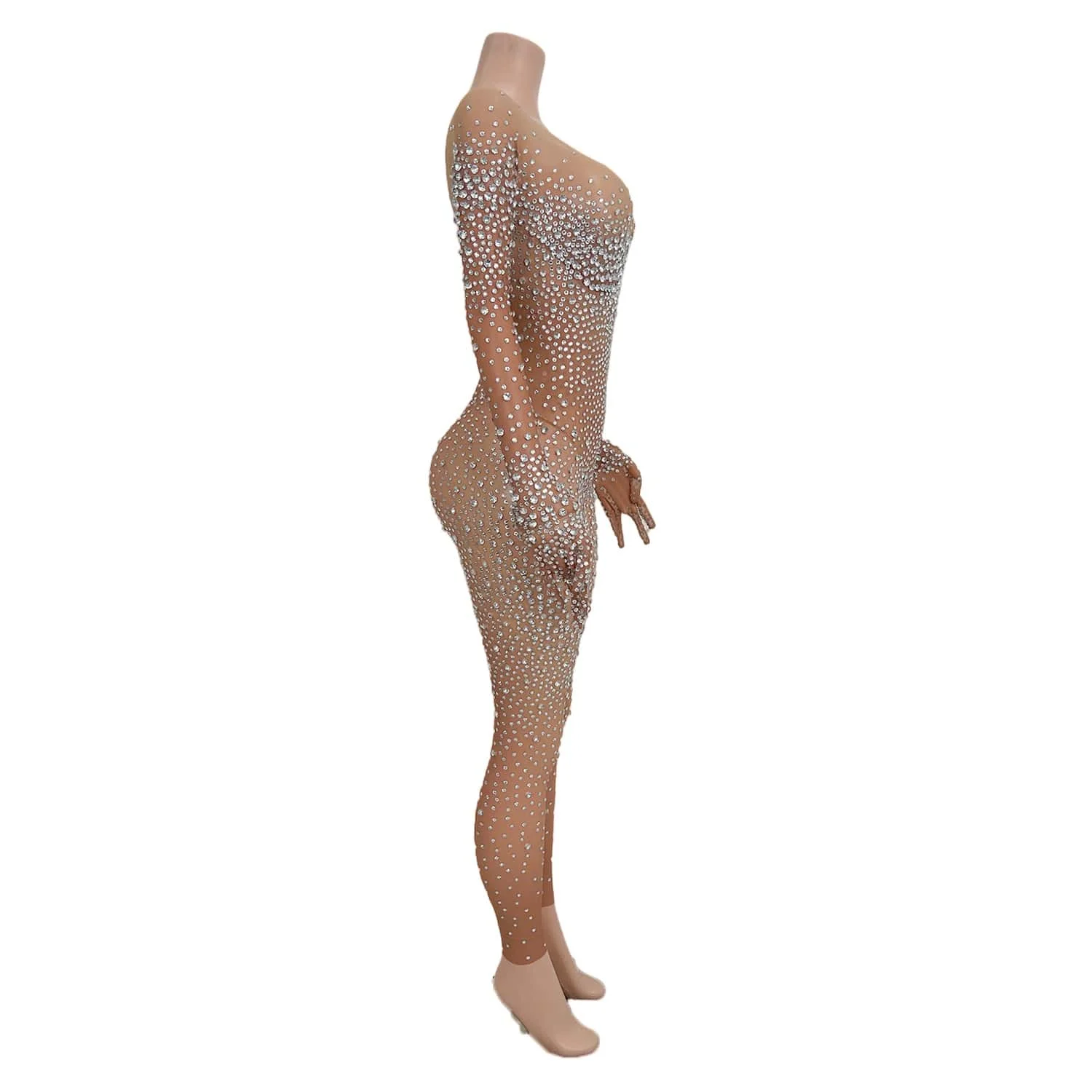 Sparkly Rhinestones Sheer Mesh Jumpsuit Gloves Women Sexy Performance Dance Costume Nightclub Stage Show Jumpsuit Tiaotiaotang