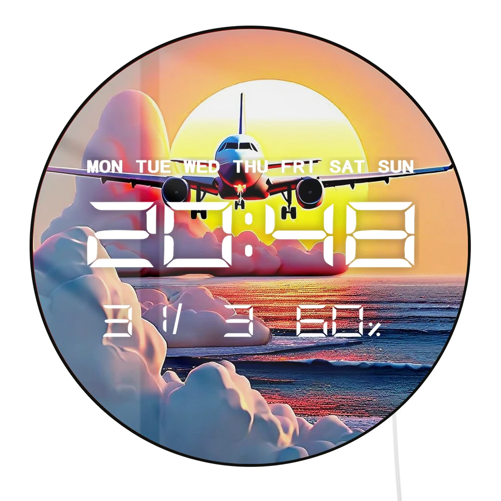 Airplane Take Off with Cloud at Sunset Auto Dimming LED Digital Wall Clock with Calendar Temperature 12/24hr Electric Wall Clock