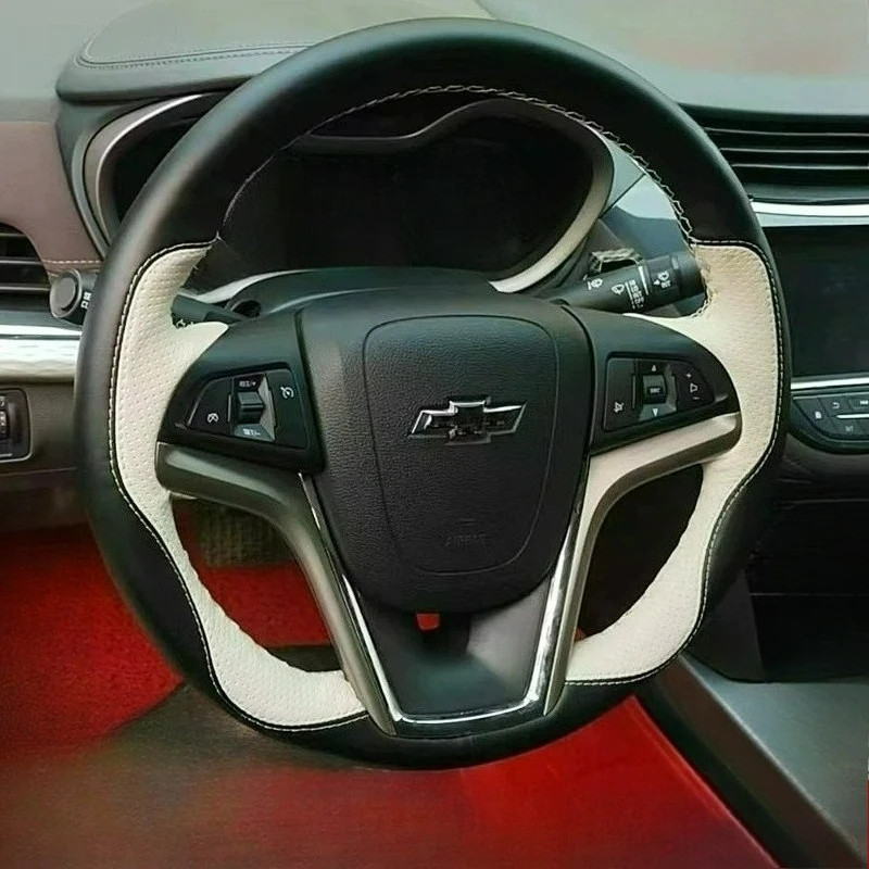 Hand-stitched renovation wear-resistant black white leather steering wheel cover For Chevrolet Cruze Monza，Cruze 325T 2019–2023