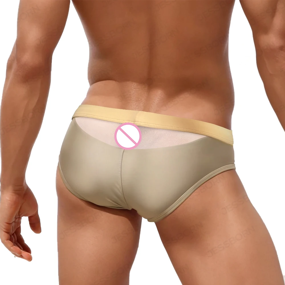 Back Mesh Hollow Out Mens Bathing Suit Sexy Low Waist Swimwear Summer Male Sunga Sport Beach Board Bikini Surfing Briefs