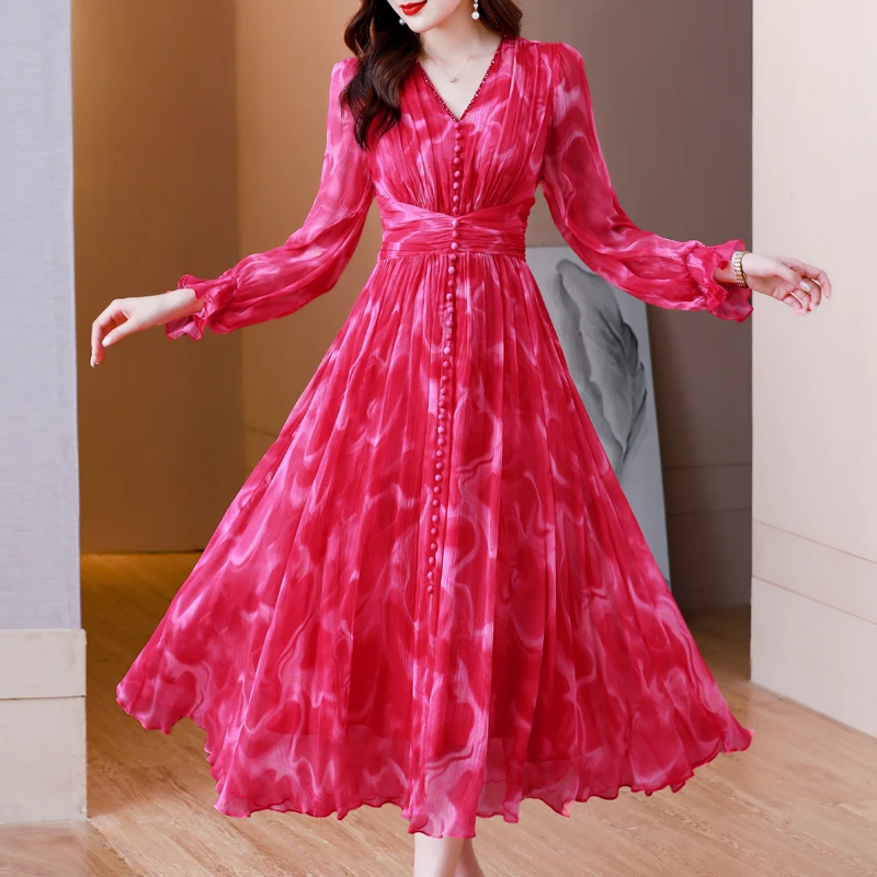 Summer Elegant Loose Red High Quality Maxi Dresses Vintage 4XL Mulberry Silk Dress Women Bodycon Party Robe Femme Vestidos