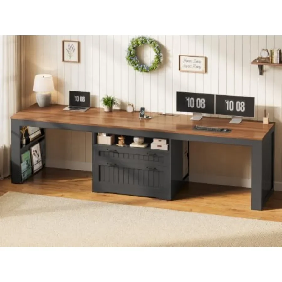 Farmhouse Two-person Desk for Home Office, Solid Wood, White, 94.5 Long with Large File Drawer, Built-in Power Outlet, and Dual
