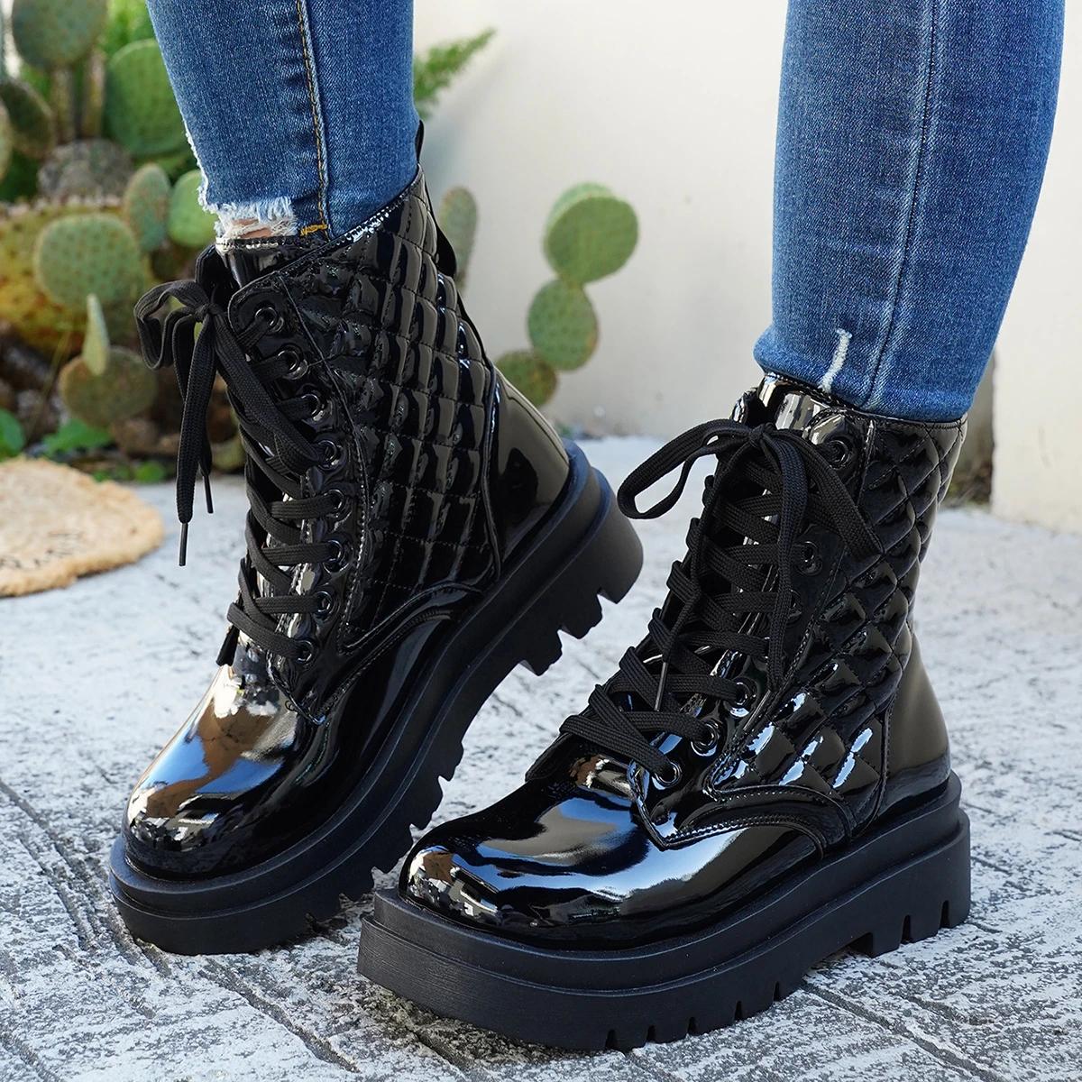 Women Ladies Black Stitch Faux Leather Lace Up Ankle Combat Boots Platform Sole Round Toe Non Slip Fashion Chunky Booties Shoes