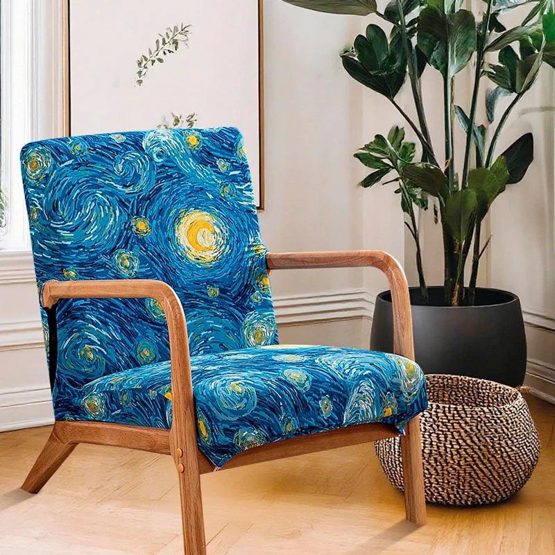 Printed Mid-Century Modern wood arm Chair Cover, Stretch Reading Armchair Covers, Upholstered Living Room Chair Covers