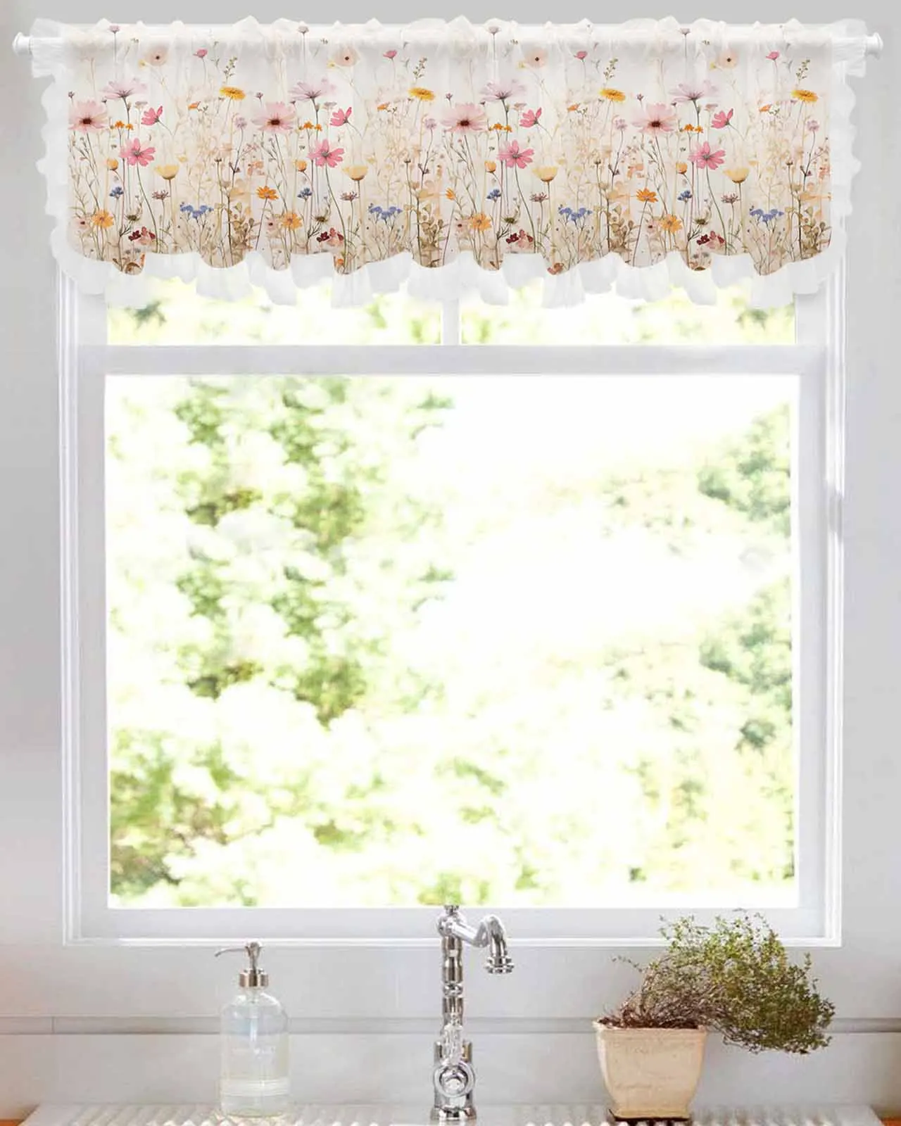 

Plants Watercolor Flowers Short Tulle Half Curtains for Living Room Kitchen Door Cafe Window Sheer Valance Drapes