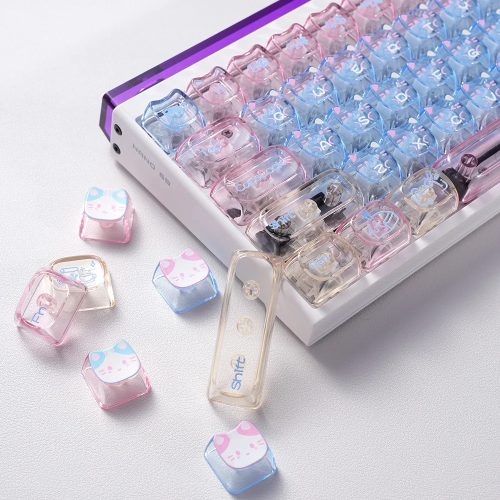 Kawaii Cat-Shaped Keycaps 79-Key MOA Profile PC Material Mechanical Keyboard Keycaps MX Switches Transparent Keycaps Girl Gifts