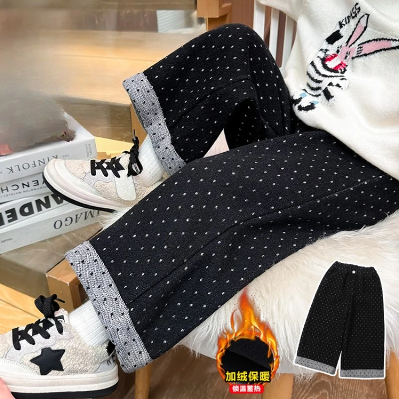 Fashionable thick warm Polka Dot Denim Wide Leg Pants Autumn winter Kids Girls Casual Roll up Cuff Trousers Trendy Clothing