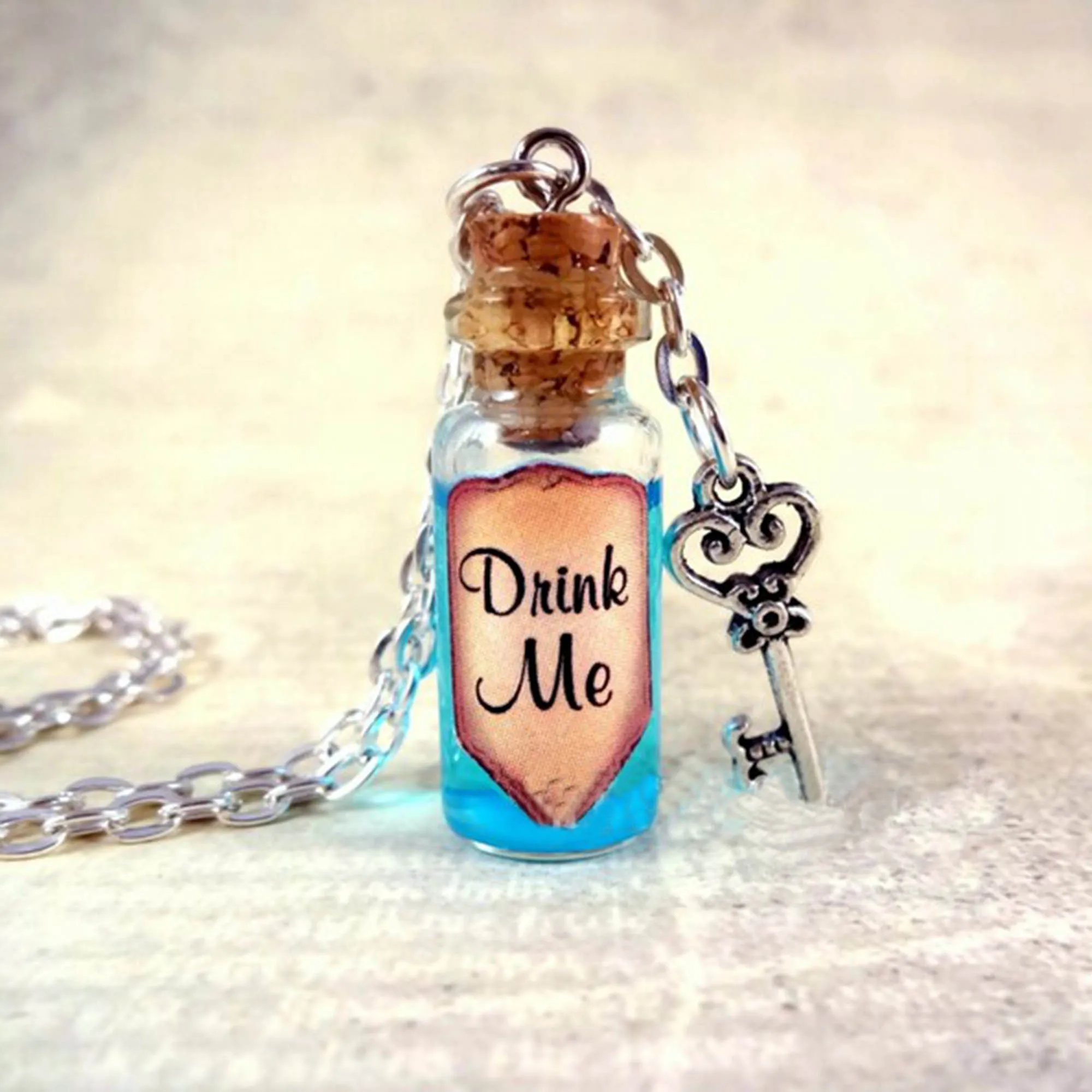 Drink Me Bottle Necklace Alice\'s Adventures in Wonderland Drink Me-Blue Shimmer Liquid with Key Eat Me Vial Charm Potion Magic