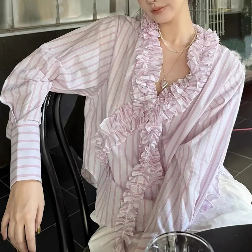 

Elegant Sweet Pink Stripe Blouse Tassel Ruffle Deep V Flouce Shirt Curved Hem Thin Women Shirt Top Office