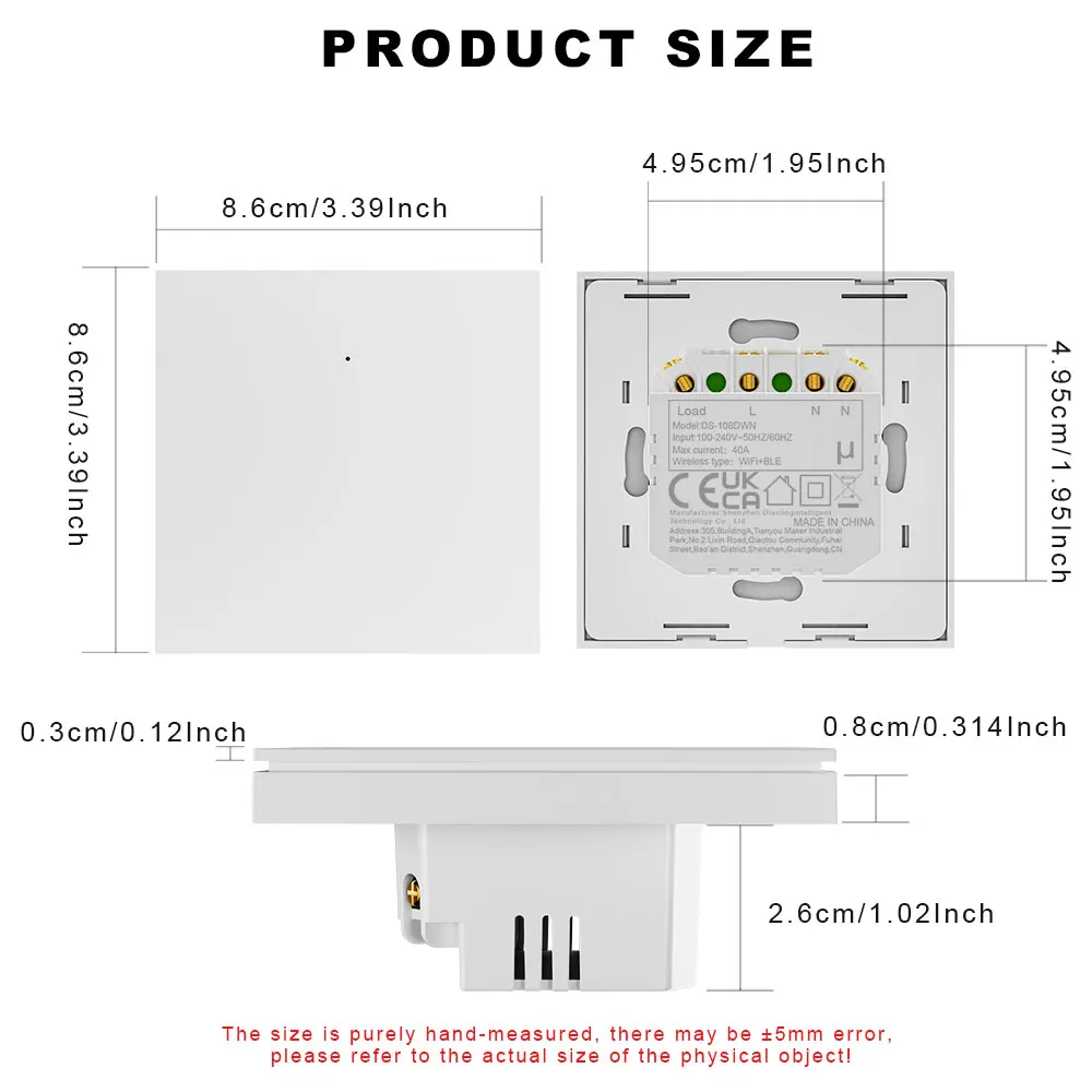 WiFi Smart Water Heater Button Wall Switch, Voice Control, Remote Operation, Timer Function, Family Sharing, Ultra-thin Size