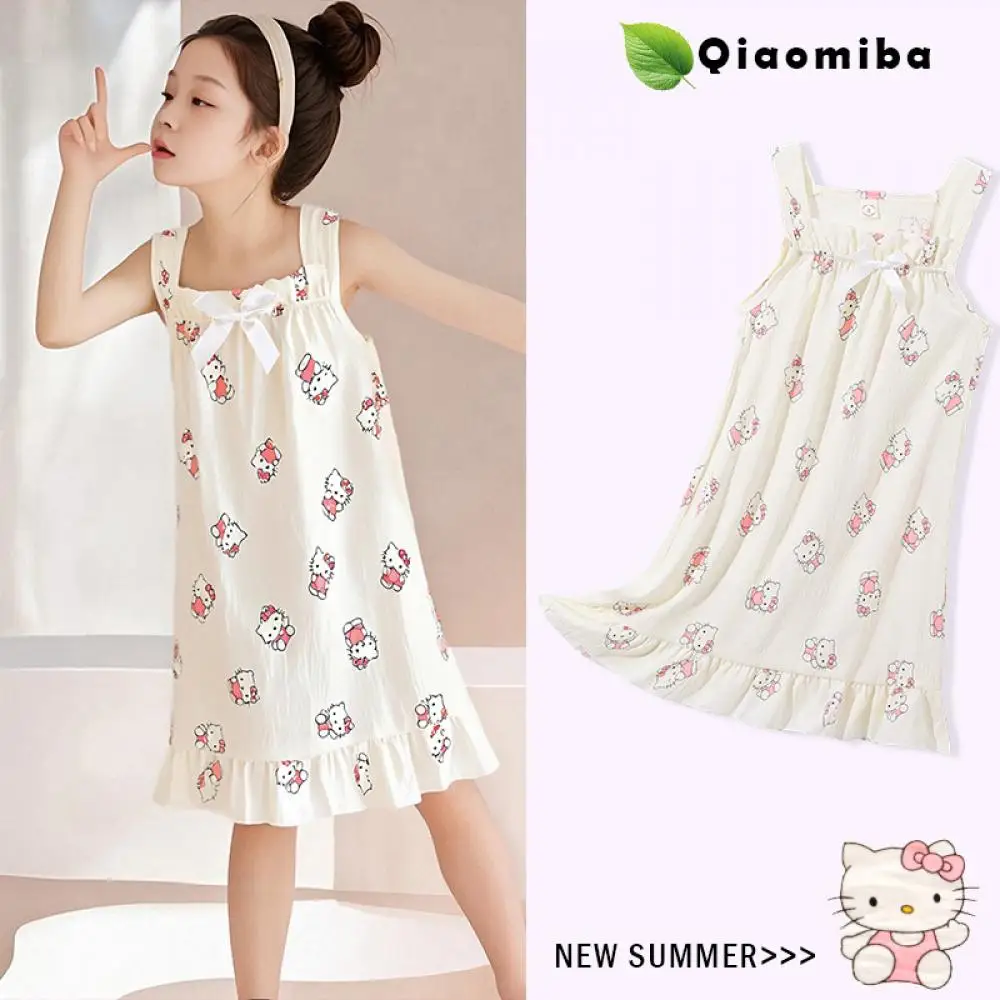 

Sanrio Kuromi Hello Kitty Melody Girls Loungewear Summer Children Cloud Cotton Suspender Cartoon Bow Nightgown Thin Home Dress