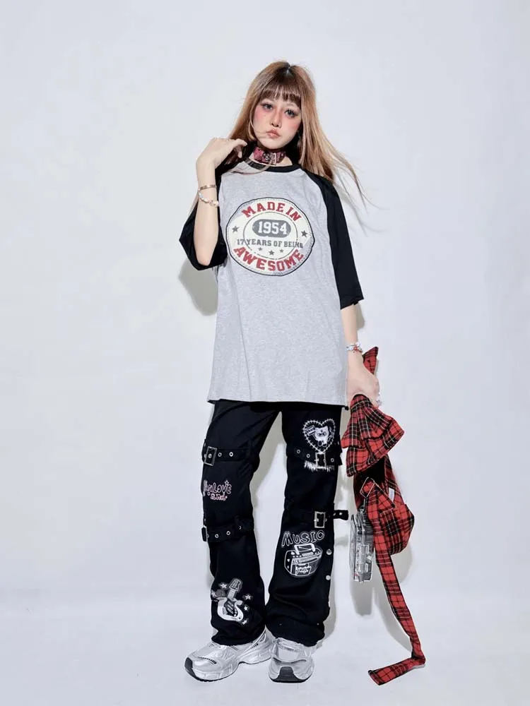 Original Design กางเกงยีนส์ผู้หญิงหลอดตรงเทศกาลดนตรีสไตล์ขี้เกียจหลวมกางเกงขากว้างอินเทรนด์ High Street สนุกกางเกงยีนส์