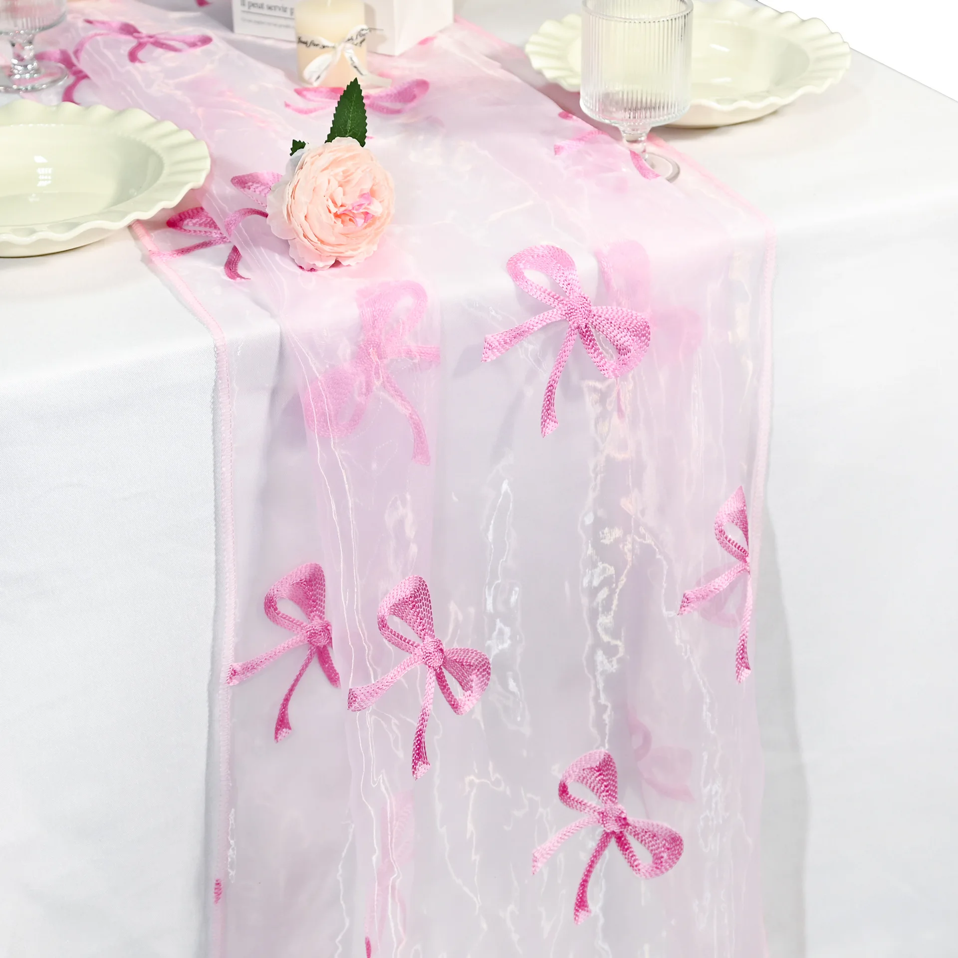 

CX Pink Bow Embroidery Table Flag Wedding Festival Birthday Party Home Decoration Table Flag
