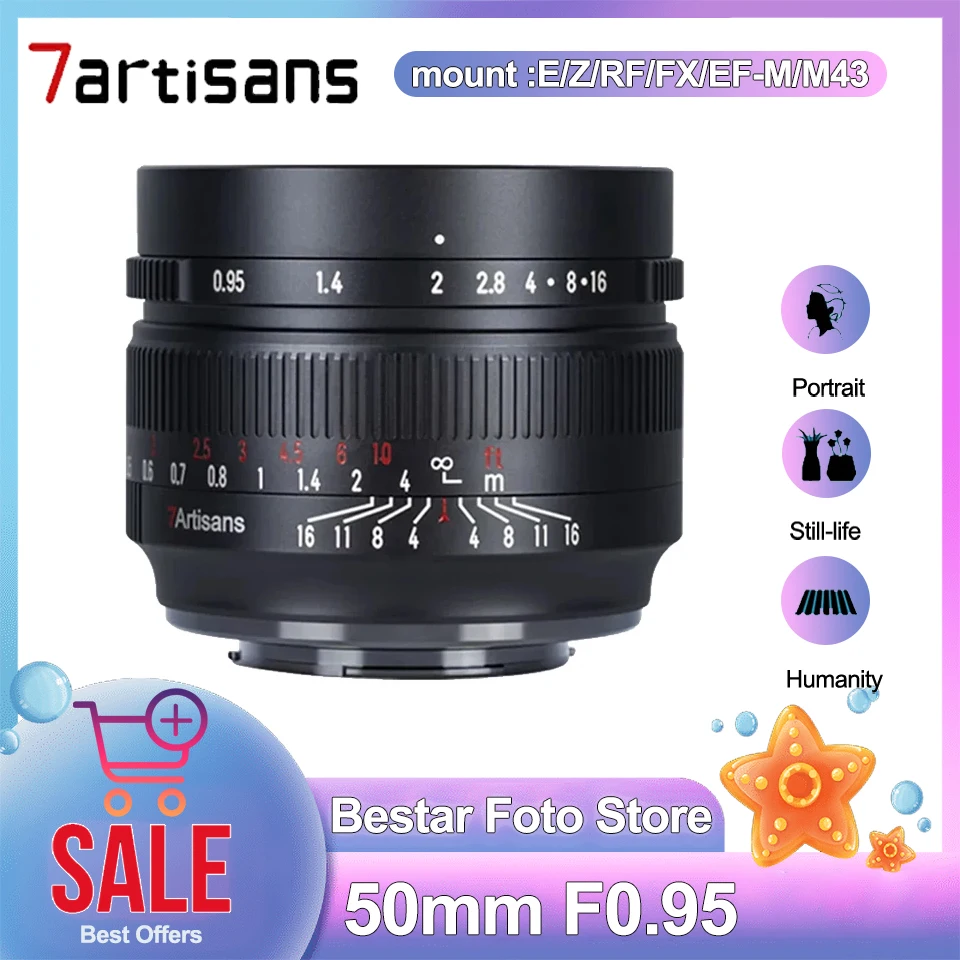 7artisans 50mm F0.95 APS-C Frame Large Aperture MF Prime Portrait Lens for Fuji XF Sony E Canon RF/EF-M  Micro 4/3 Nikon Z