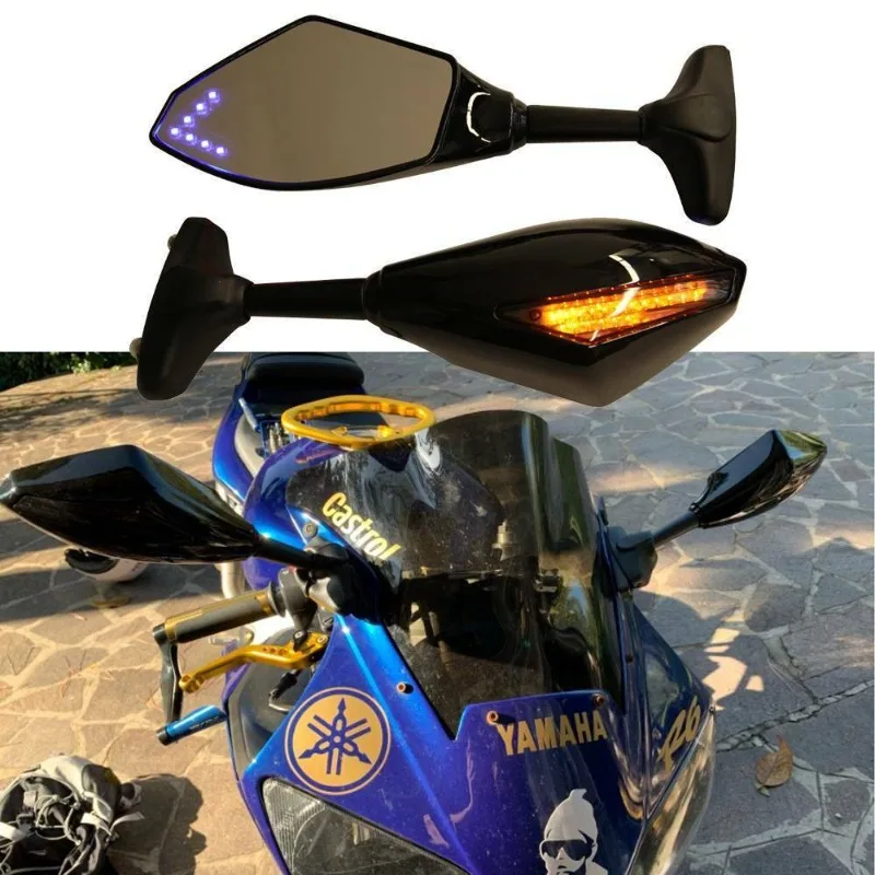 Espelhos retrovisores de corrida com sinais de volta LED para Yamaha YZF R15 R25 R3 R6 YZF600 YZF1000 Suzuki GSX250R GSXR125 GSXR150 GSXR600