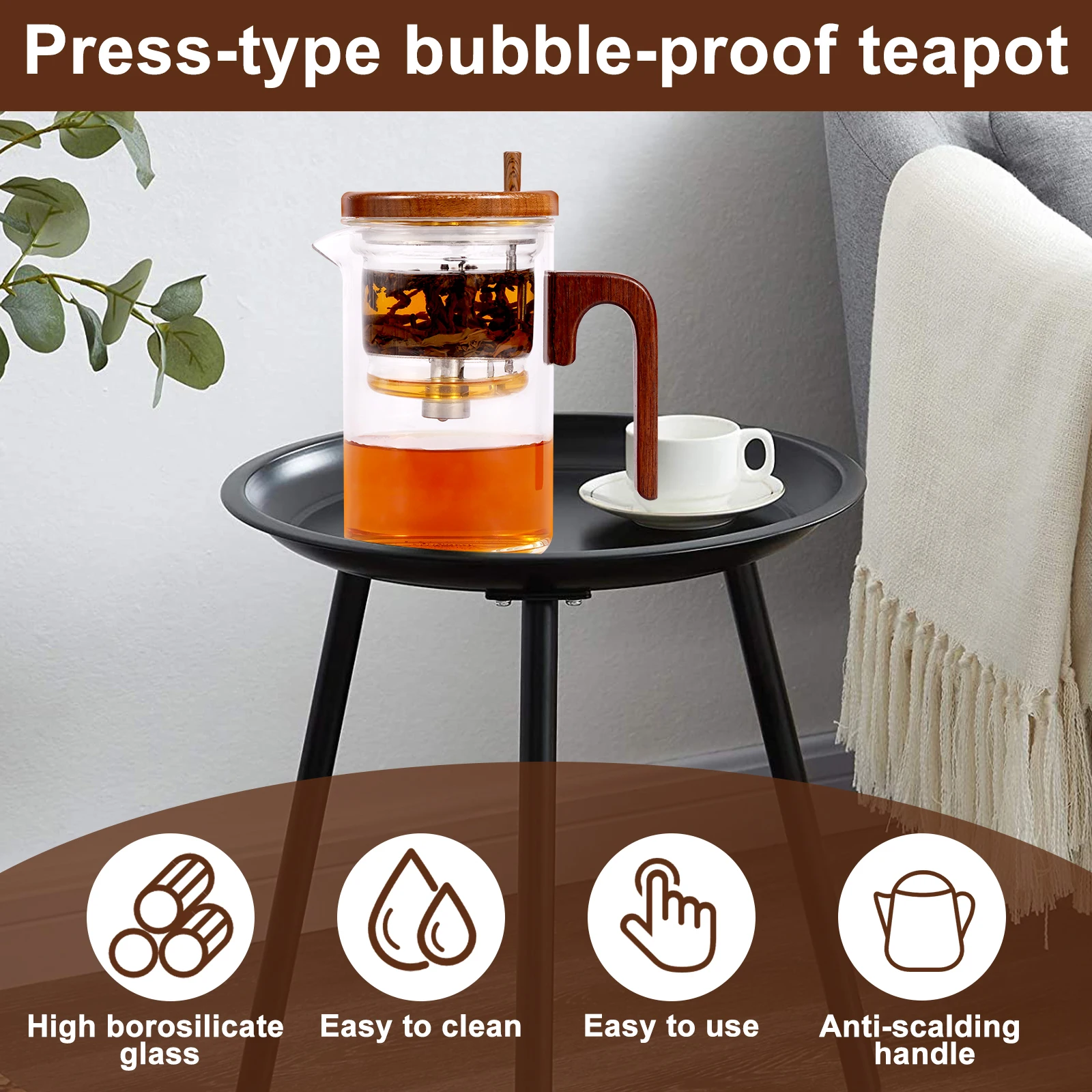 Water Separation Glass Teapot with Wood Handle Leak Proof Glass Tea Infuser Teapot Tea Water Separation Heat Resistant Teapot