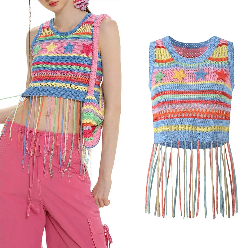 

Лето 2022, вязаный жилет со звездами и кисточками по подолу, цветной блуз, облегающий топ, женский тонкий топ из ледяного шелка, нежный ультратонкий