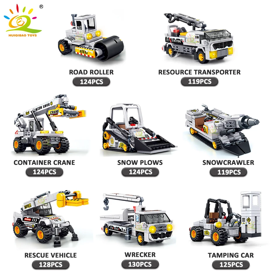 HUIQIBAO 8IN1 993PCS Snow Rescue Vehicle Building Blocks Crane Snowcrawler Wrecker Bricks City Construction Toy for Children Boy