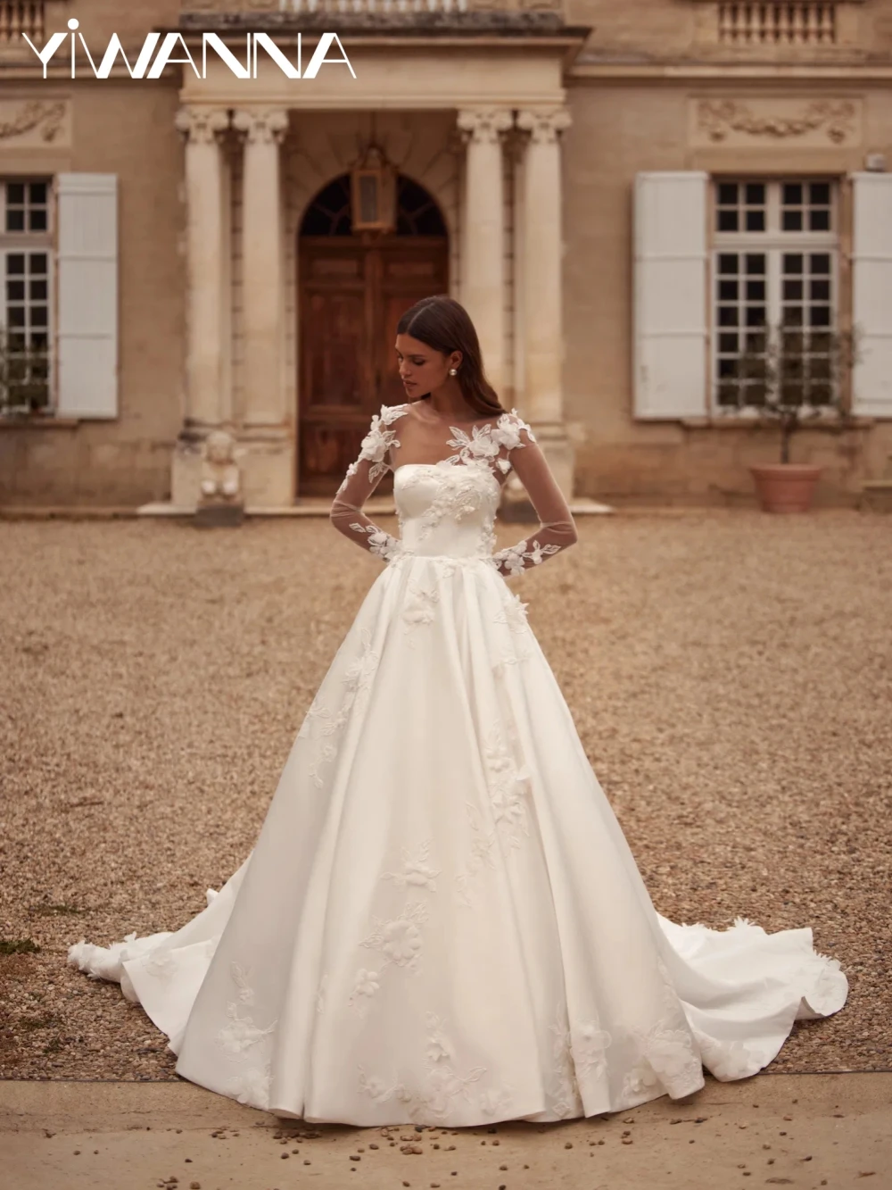 

Shiny Beaded 3D Flower Satin Wedding Dress Detachable Sleeve A-line Long Bridal Gown Customized Modest Dresses For Bride