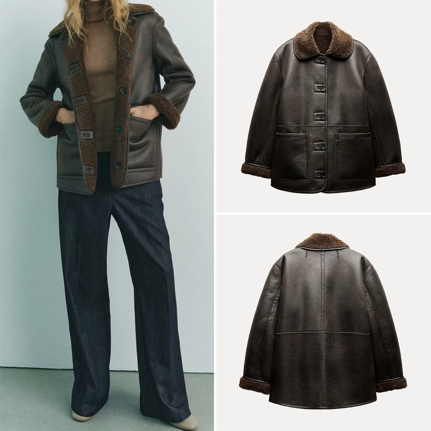 両面着用可能なフェイクレザーファー一体型レディースコート 2025年秋新作 カジュアルスタイル 長袖 スタンダードバージョン