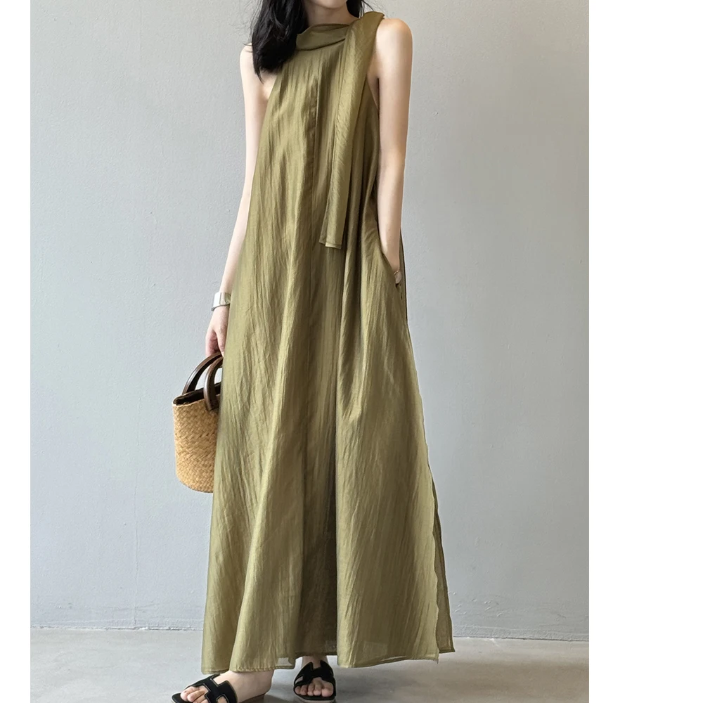 2025 New Arrival Sleeveless Halter Neck Women Summer Loose Style Elegant Long Dress Lyocell Boho Maxi Dress Vestidos Clothes