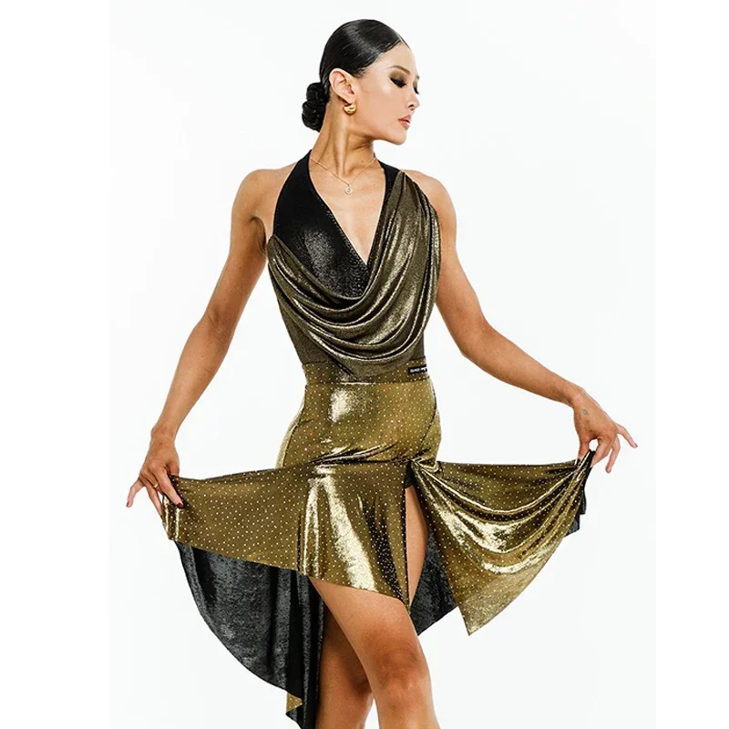 

New Latin Dance Performance Clothes V Neck Backless Tops Diamond Gold Skirt Adult Latin Competition Dress Stage Wear DNV21903