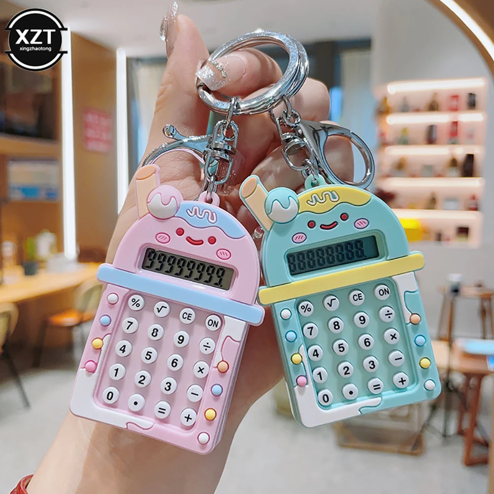 Portable Digital Calculator Milk Tea Cup Calculator Pocket Display Cartoon Cute Creative Keychain Calculator Office Supplies