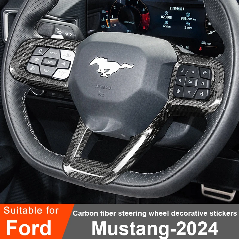 For Ford Mustang 2024 Car Steering Wheel Decorative Cover Car Real Carbon Fiber Interior Sticker Modification Accessories