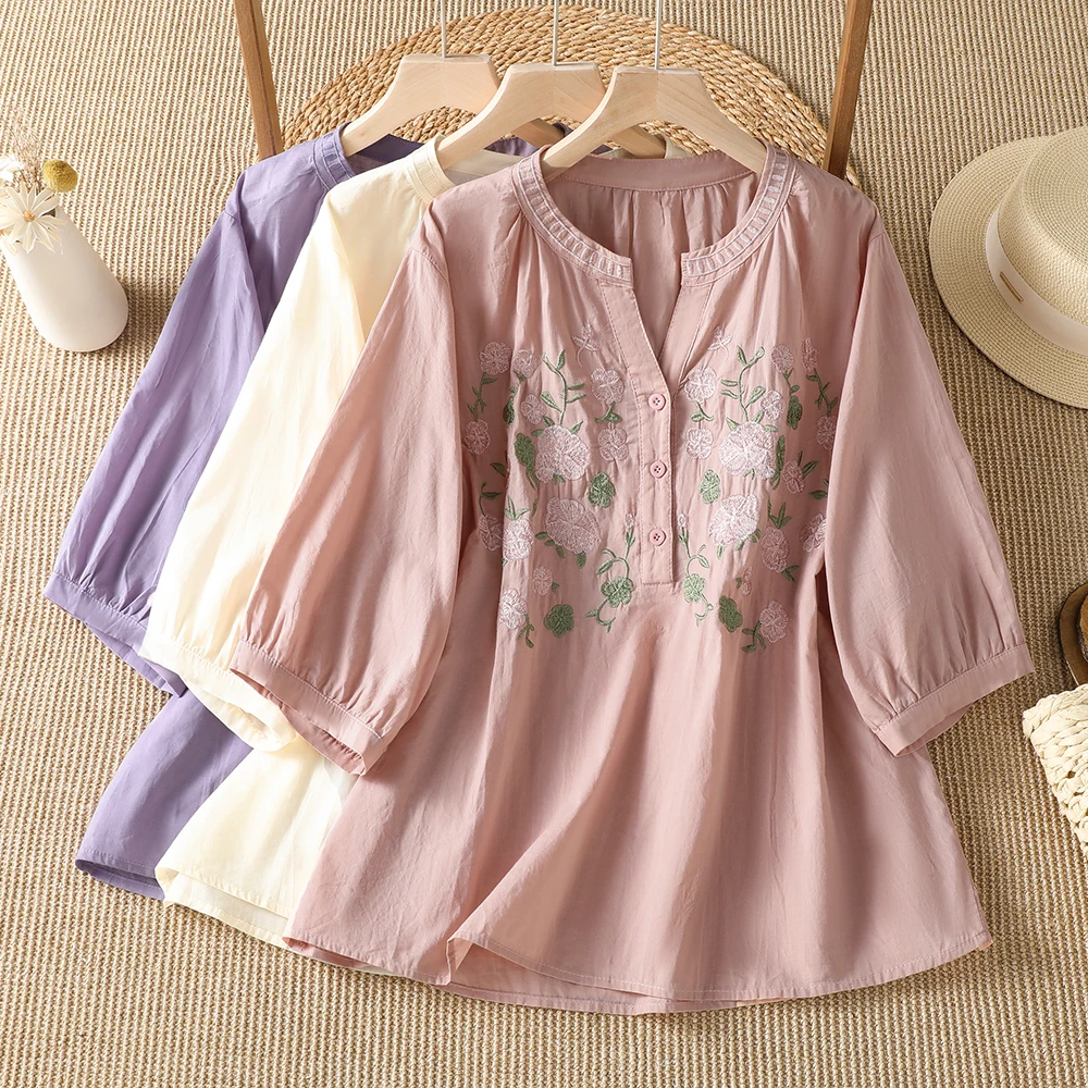 Loose Artistic Style Embroidered Doll Shirt V-Neck Flower Pattern Women's Summer Thin Short Sleeve Casual T-Shirt