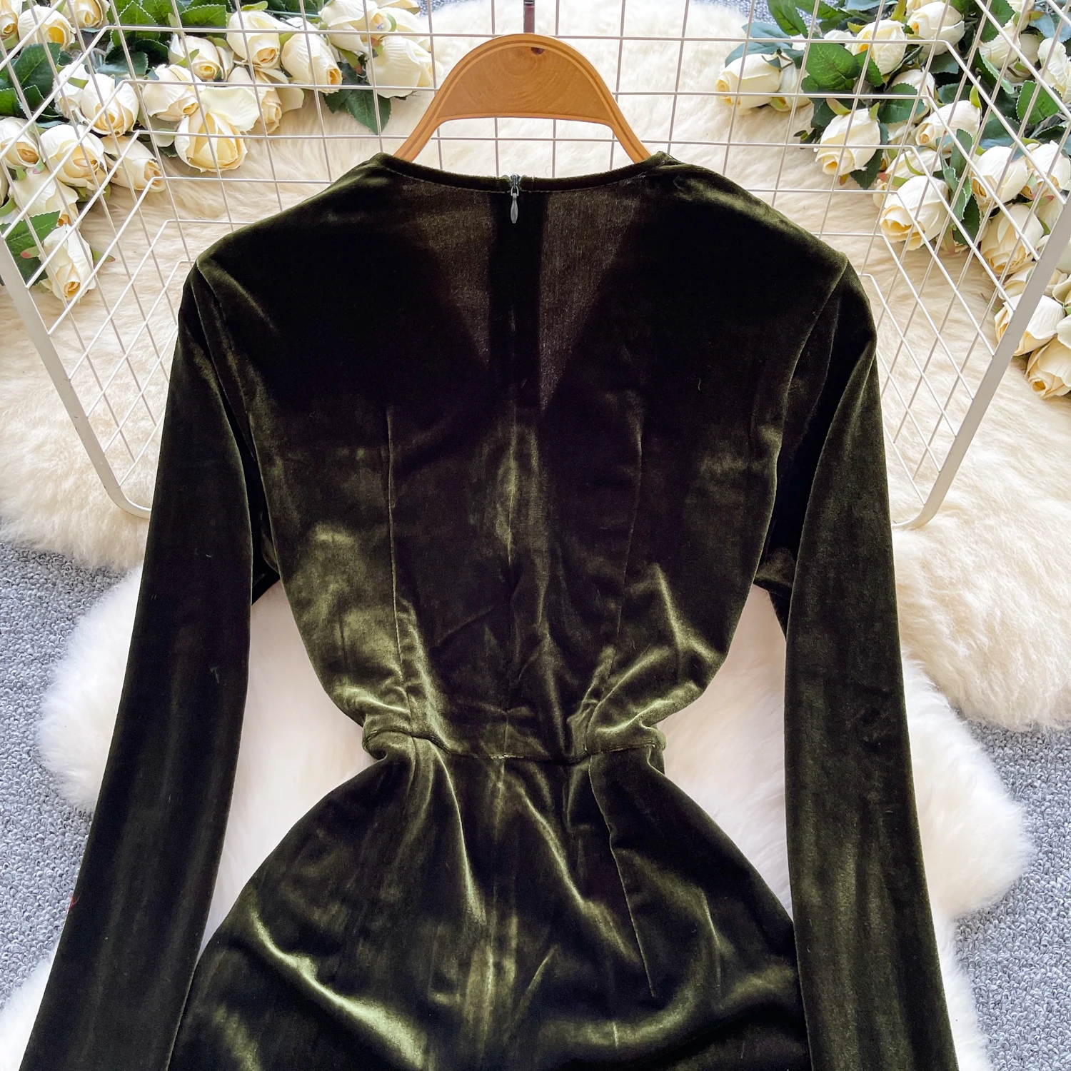 Clothland Women Vintage Velour Asymmetrical Dress V Neck Long Sleeve Feather Irregular Retro Mini Dresses QE270