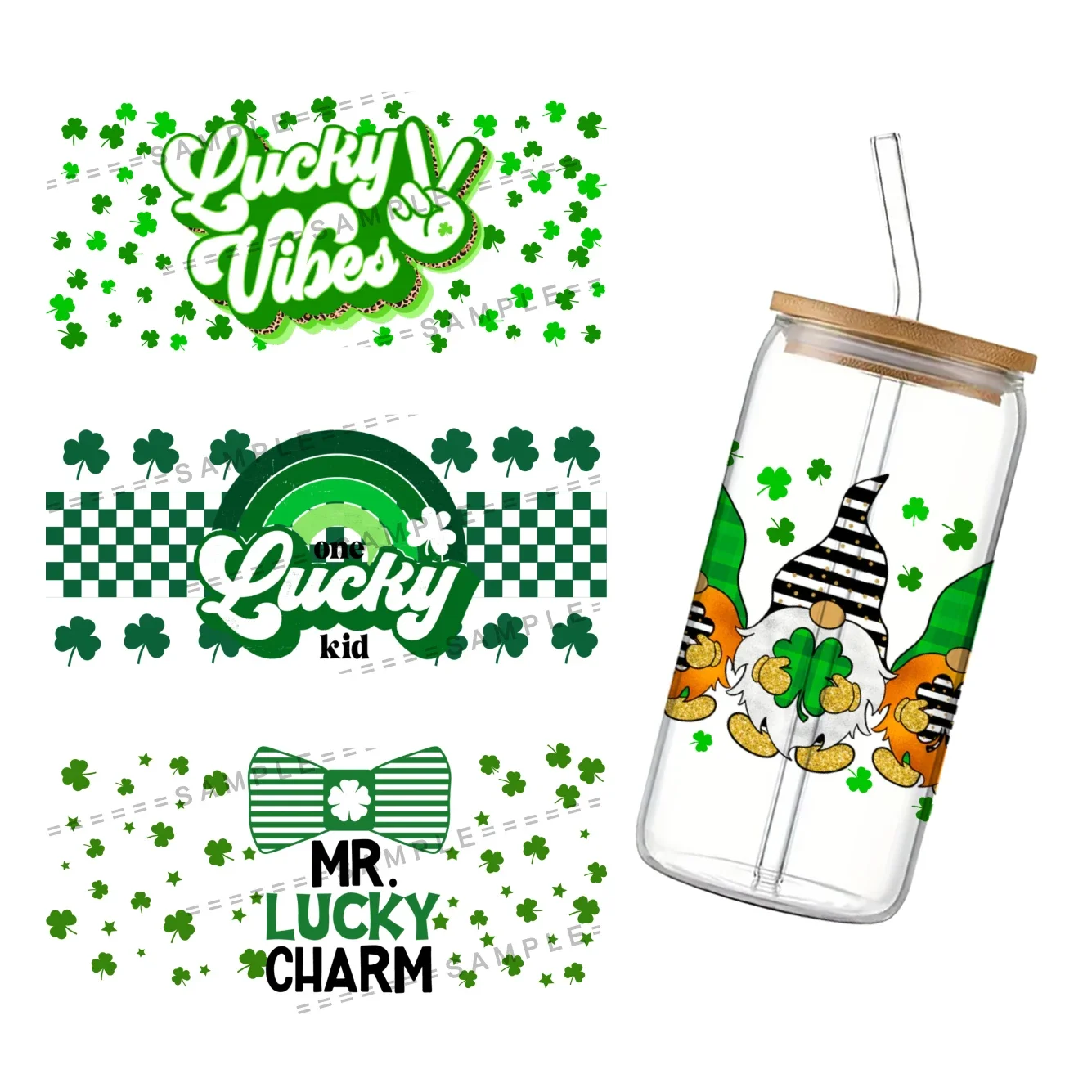 

Green Hat UV DTF Cup Wrap for 16Oz Libbey St. Patrick's Day Glass Can DIY Transfer Sticker