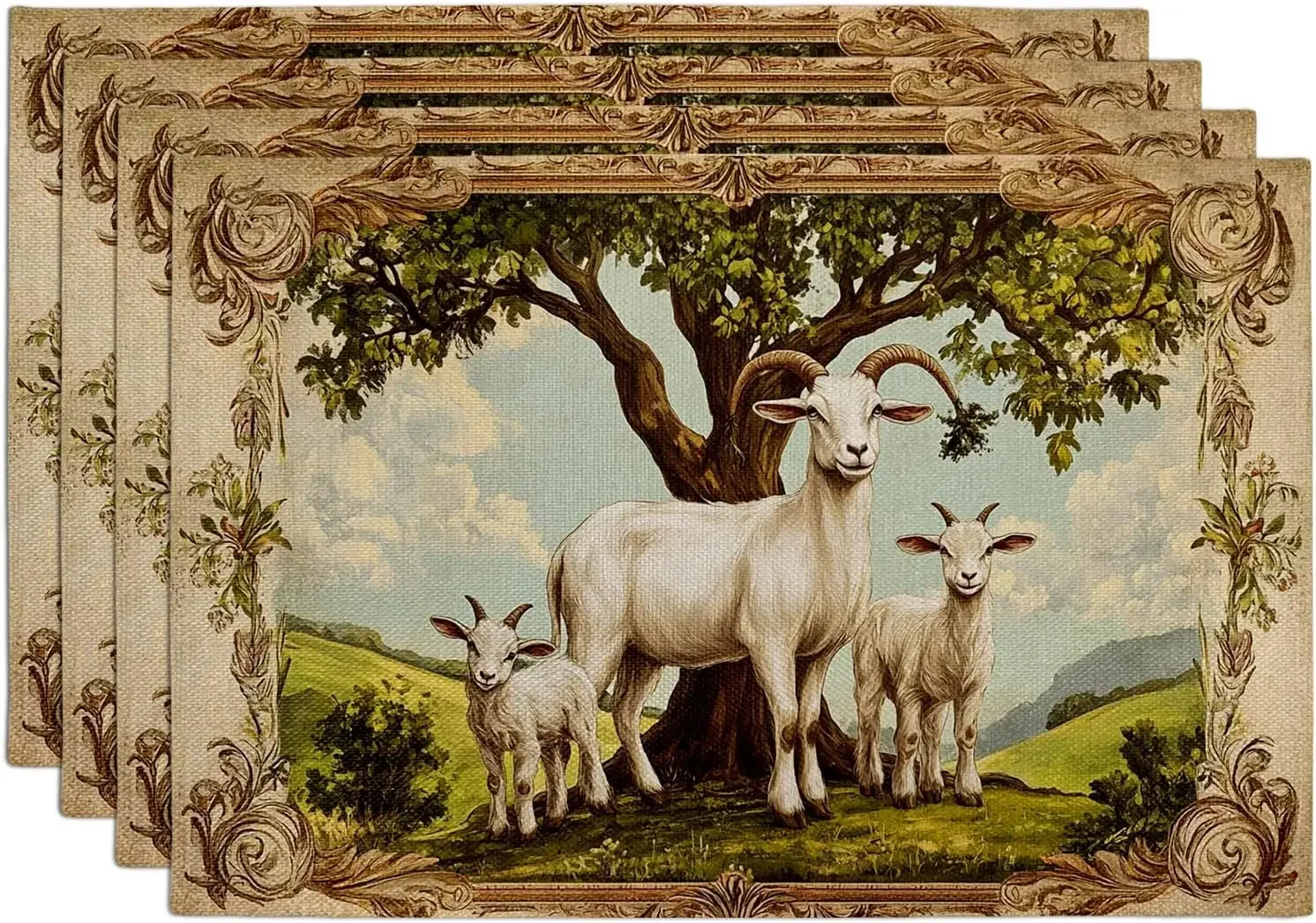 Goat Family Placemats Country Animal Place mats for Dining Table, Non-Slip Washable Indoor Outdoor Picnic Decor Set of 4