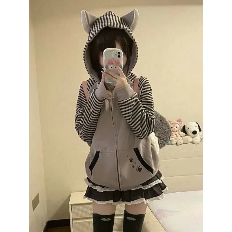 Deeptown Kawaii Zip Up Hoodie Women Japanese Harajuku Cute Cartoon Print Striped Zipper Long Sleeved Sweatshirt with Hood 2024