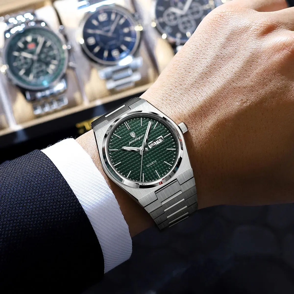 POEDAGAR ساعة يد رجالية أصلية فاخرة مقاومة للماء من الفولاذ المقاوم للصدأ مضيئة ساعة يد رجالية للتاريخ والأسبوع ساعات كوارتز عصرية للرجال