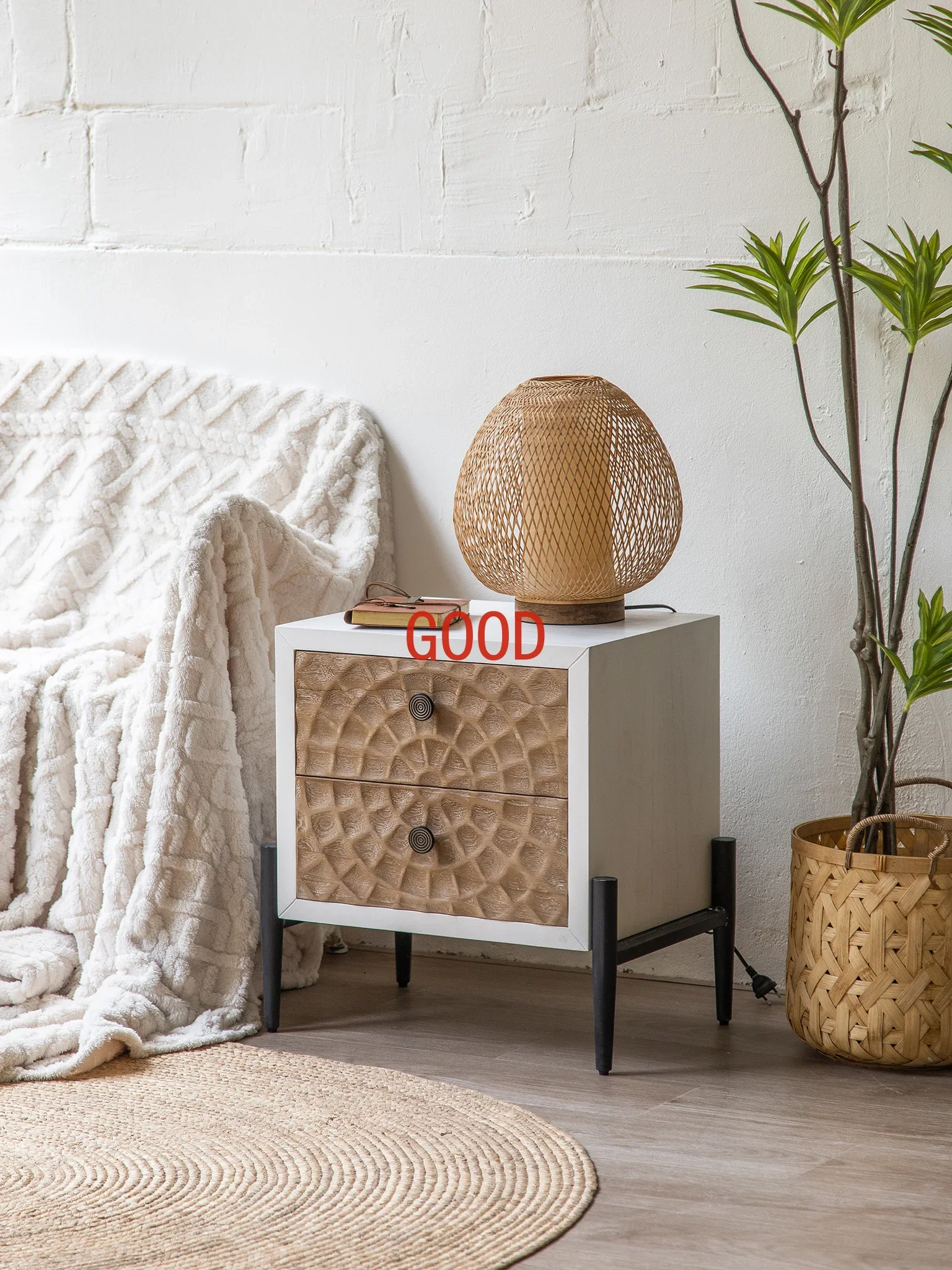 

American country bedside table retro solid wood carving flower small cabinet simple