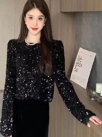 

Странный круглый топ с блестками Ele Ulzzang Sle, осень-зима, Новое поступление, женская повседневная одежда, полиэфирная ткань