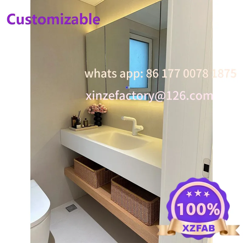 

Customizable rock slab hot bending seamless ceramic integrated basin log color bathroom cabinet combination washstand