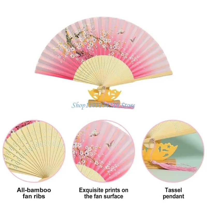 N5KC Women Handheld Silk Dance Fan Foldable Florals Folding Fan Traditional Craft