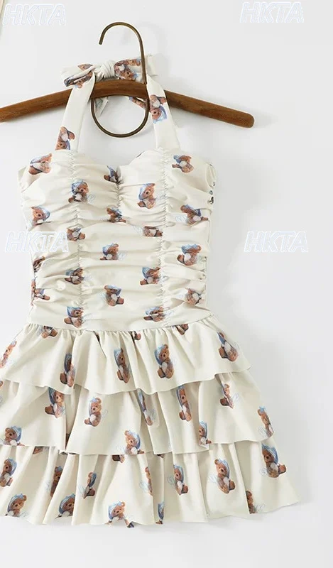 Japanese Cute Cartoon Print Neck One Piece Swimsuit Summer Beach Vacation Sweet Slim Cascade Cake Halter Lolita Bikini Women