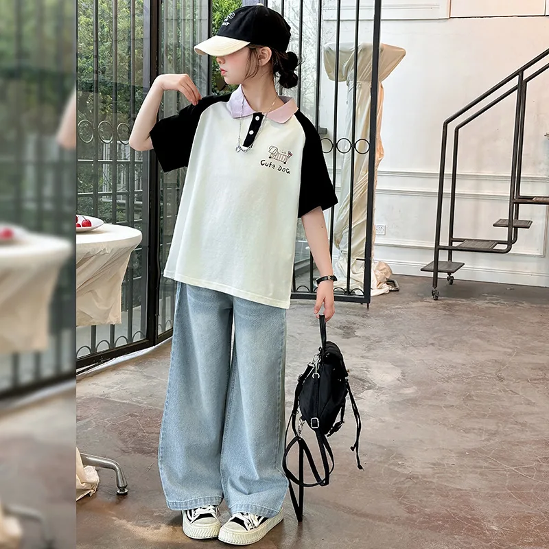Teenage Girl New Designer Letter Ripped Jeans For Kids Vintage Distressed Harajuku Denim Pants Child Fashion Wide Jeans Trousers