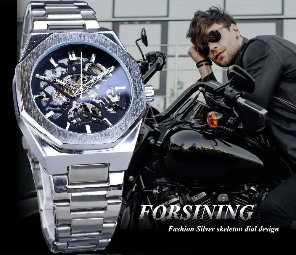 Forsining Fashion Steampunk Men\'s Automatic Mechanical Watch Hollow Skeleton Design Black Dial Waterproof Business Wristwatches