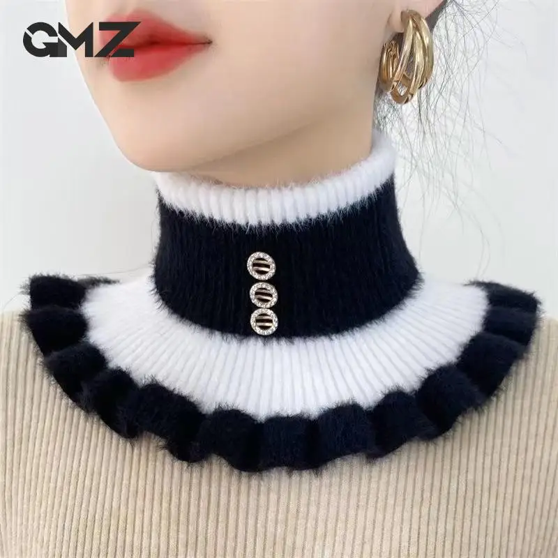 Women\'s Fake Collar Protect Cervical Spine Winter Warm Scarf Cycling Thick Elastic highNeck Faux Cashmere Rhinestone Fashion Bib