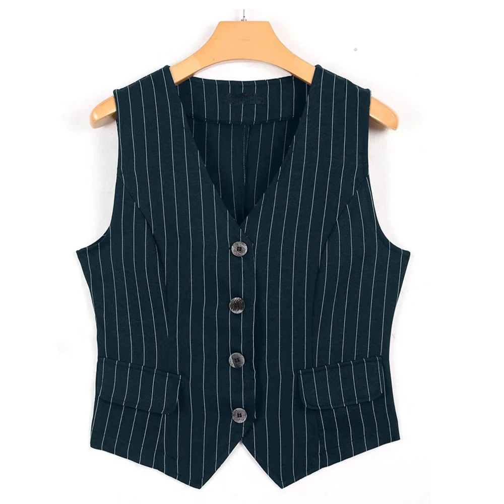 Woman Clothing Stripe Sleeveless Vests V Neck Navy Blue Women's Waistcoat Fashion Clothes for Lady New in Outerwears