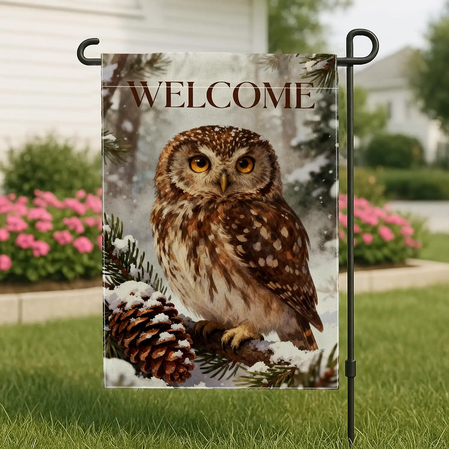 Owl Garden Flag, Winter Rustic Pinecones Pine Branch Winter Brown Burlap Double Sided Yard Decorative Flags for Outdoor Pati aaz
