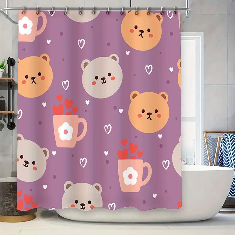 

Adorable Bear Mug Cup with Heart Pattern Shower Curtain Pink Purple White Bathroom Decor Waterproof Bath Mat Set for Home Decora