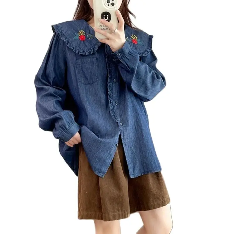 New Summer Cotton Long Sleeve Denim Shirt, Woman Peter Pan Collar Embroidery Tops, Mori Girl Sweet Loose Blouses, Fall T47883QC