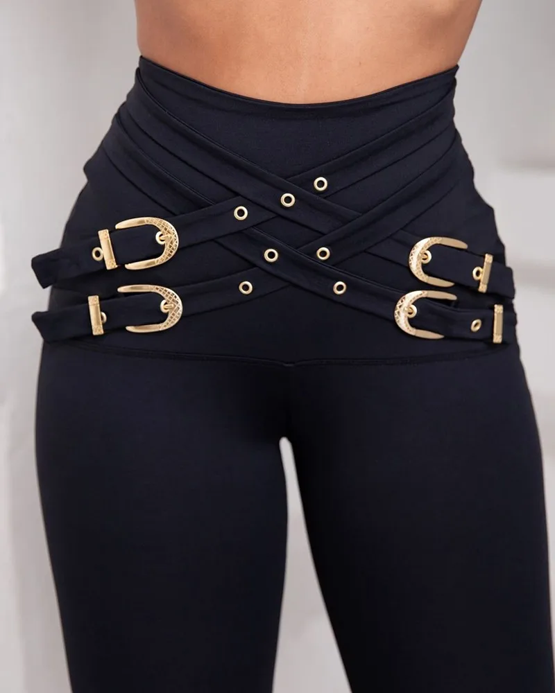 Women's Pants High Waist Trousers Criss Cross Buckled Decor High Waist Skinny Pants